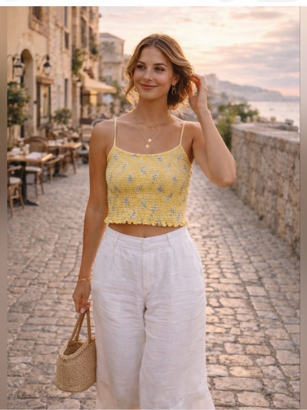 Hollister Yellow Floral Knit Cropped Camisole